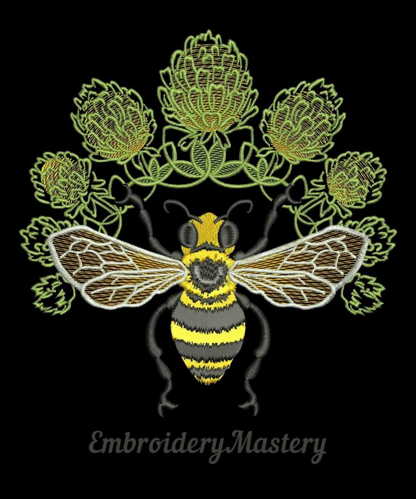 Queen bee in Clover. Honey bee Machine embroidery design. 6 sizes Embrodisiac